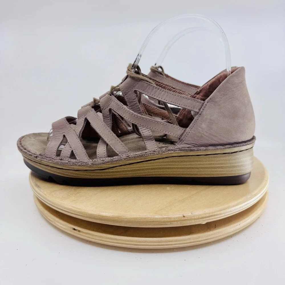 Naot Leather Yarrow Wedge Comfort Sandal Womens 6 37 Gladiator Shoes Lace Gray